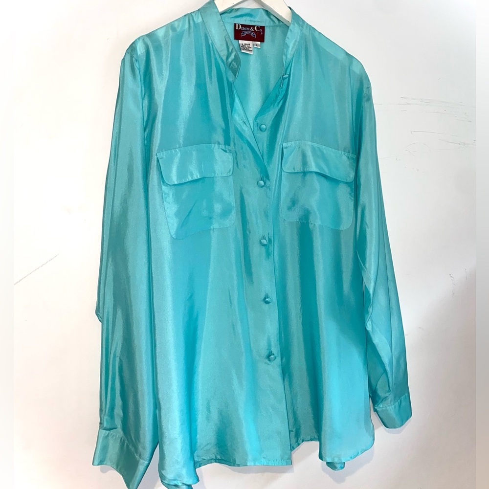 Vintage Denim & co. silk tunic turquoise teal blouse / L